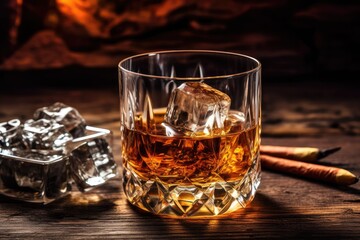 Elegant Whiskey Glass with Ice on Rustic Table