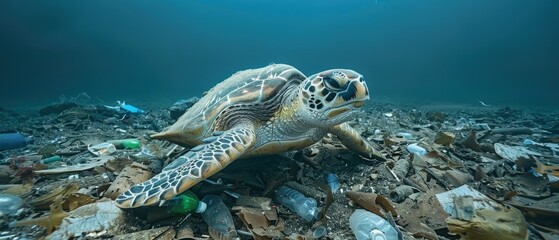 Obraz premium Endangered Sea Turtle Navigating Plastic Pollution in Polluted Ocean Waters