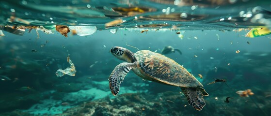 Obraz premium Marine Life Threatened: Sea Turtle Navigating Plastic Pollution in Turbid Ocean Waters