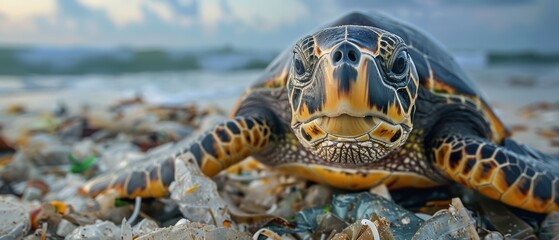 Endangered Sea Turtle Trapped in Plastic Pollution on Shoreline - Environmental Conservation Concept