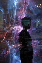 A person's silhouette is reflected in a neon light