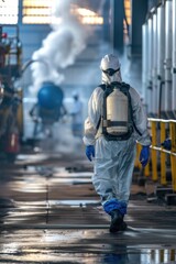 Naklejka premium A man in a white suit and blue gloves walks through a factory with a backpack on