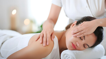 Relaxing massage therapy session with a serene woman lying on a spa table, enjoying professional treatment in a tranquil ambiance.