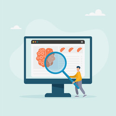 Neuroscience and brain research concept. The human brain and psychology. A character examines a head tomography scan on the screen. Vector illustration.	