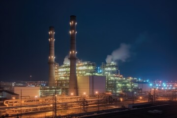 Fototapeta premium Illuminated Industrial Power Plant at Night