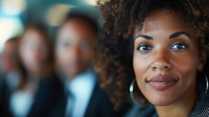 Obraz premium A professional woman with curly hair looks attentively at the camera while attending a corporate meeting, highlighting her poised and confident demeanor amidst her peers in a formal setting.