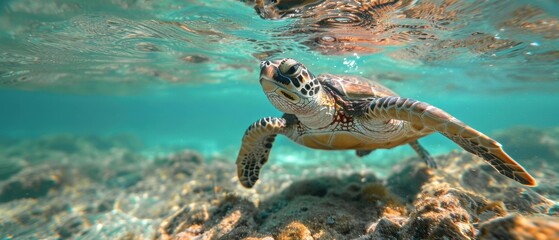 Endangered Sea Turtle Surrounded by Polluting Plastic Waste in Ocean Conservation Concept