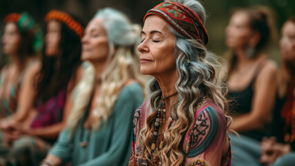 Older women meditating in outdoor group setting