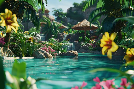 Tropical poolside scene with plants serene and vibrant inviting setting peaceful retreat detailed and artistic relaxing atmosphere summer vibes