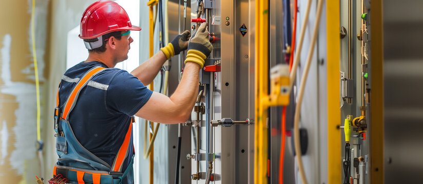 an engineer performing routine maintenance on an elevator system, checking all safety mechanisms and ensuring smooth operation, Labor Day, worker, tools, engineer, with copy space