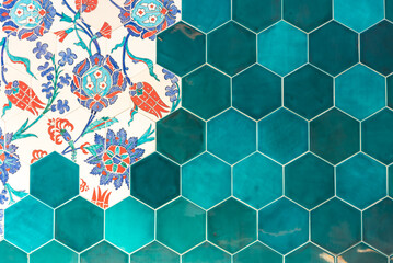 cyan color decorative tile background, classical ottoman tile art, space for text