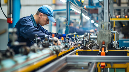 Obraz premium an engineer performing routine maintenance on a production line, ensuring all machinery is operating at peak efficiency, Labor Day, worker, tools, engineer, with copy space