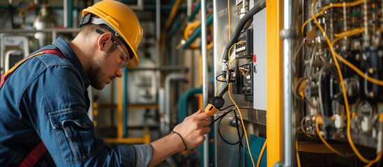 an engineer performing routine maintenance, adjusting the settings and checking for any issues, Labor Day, worker, tools, engineer, with copy space