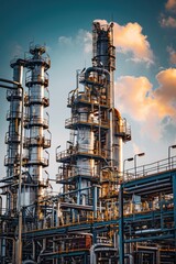 A large industrial plant with many pipes and a tall tower