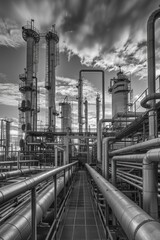 A black and white photo of a large industrial plant with many pipes and tanks