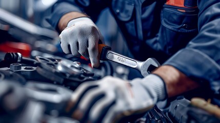 Mechanic's hands working on car engine, using wrench, gloves on, industrial environment,