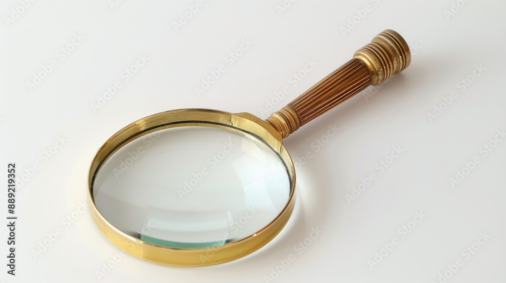 Poster a close-up shot of a magnifying glass sitting on a table, with a sharp focus on the lens and surroun