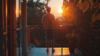 Fototapeta premium A person standing on a balcony, looking out at the sunset with a warm glow