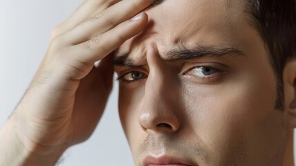 Close-Up Portrait of Pensive Man with Hand on Forehead