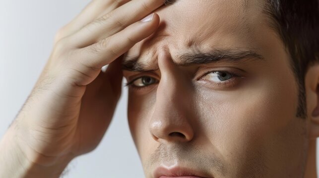 Close-Up Portrait of Pensive Man with Hand on Forehead