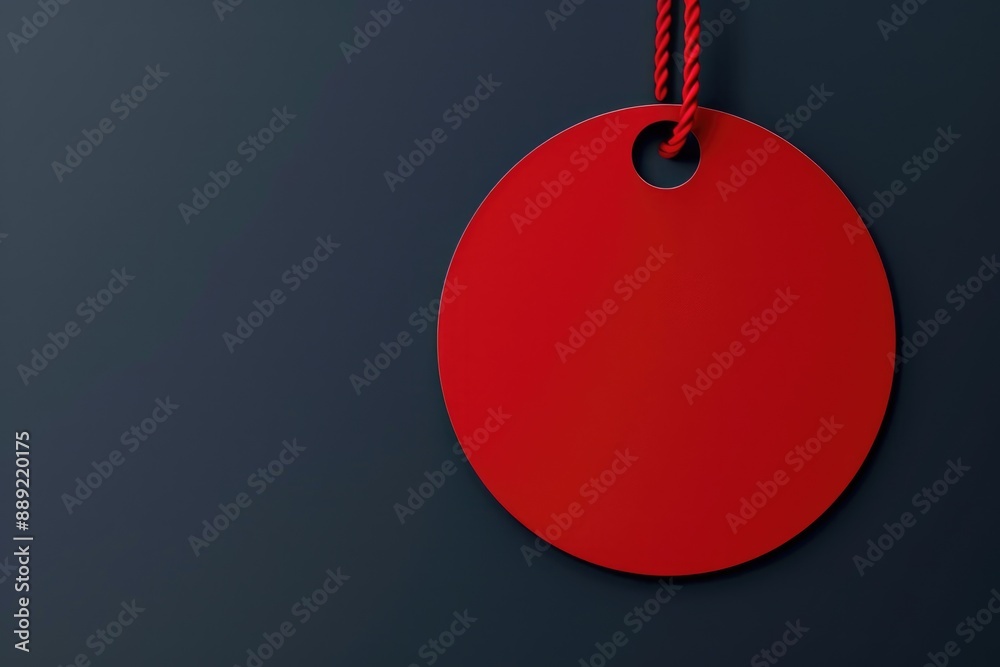 Poster a red tag is suspended from a rope attached to a wall