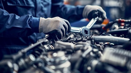 Mechanic's hands working on car engine, using wrench, gloves on, industrial environment,