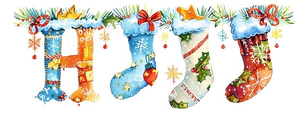 Watercolor painting of the letter H adorned with Christmas stockings and winter snowflakes