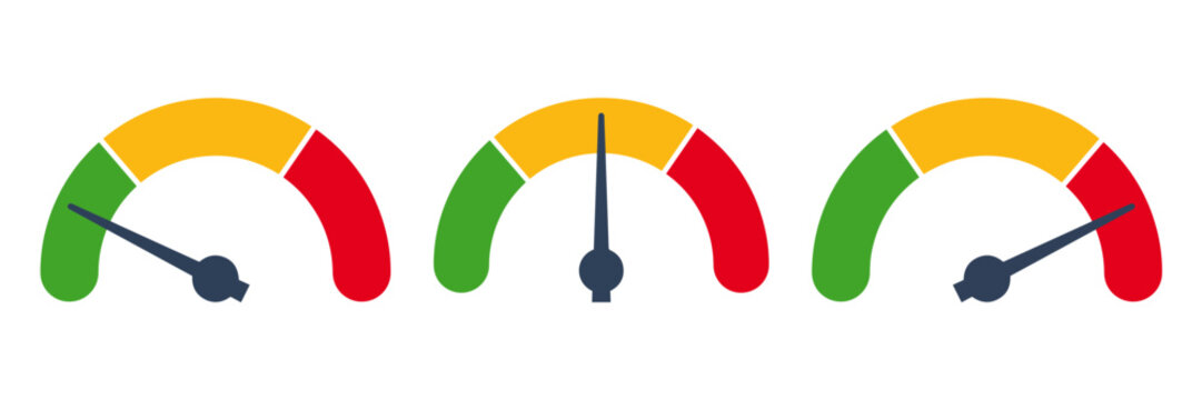 Risk meter. Risk concept on speedometer. Risk gauge meter sign. Scale low, medium or high risk on speedometer. Minimum to Maximum. Min Max. Customer satisfaction meter