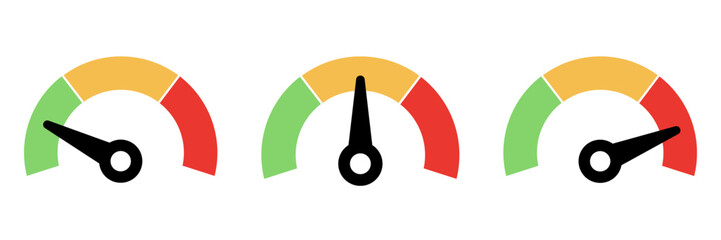 Risk meter. Risk concept on speedometer. Risk gauge meter sign. Scale low, medium or high risk on speedometer. Minimum to Maximum. Min Max. Customer satisfaction meter