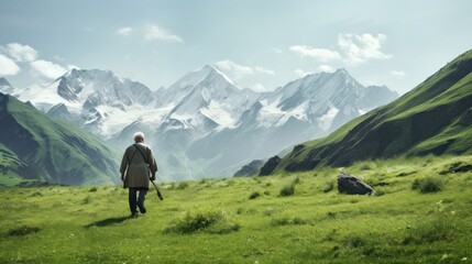 photograph of an elderly man power walking on a lush green lawn with snow-capped mountains in the distance
