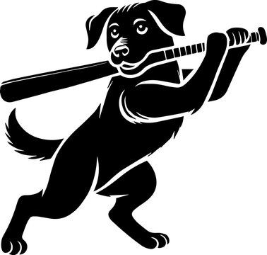 recommend clip art: A silhouette of a dog holding a baseball bat, ready to swing.  The dog is in a classic batting stance, with its front paw raised.