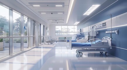 Obraz premium An empty, modern hospital room with medical equipment, a bed, and bright lighting, showcasing cleanliness and advanced healthcare facilities