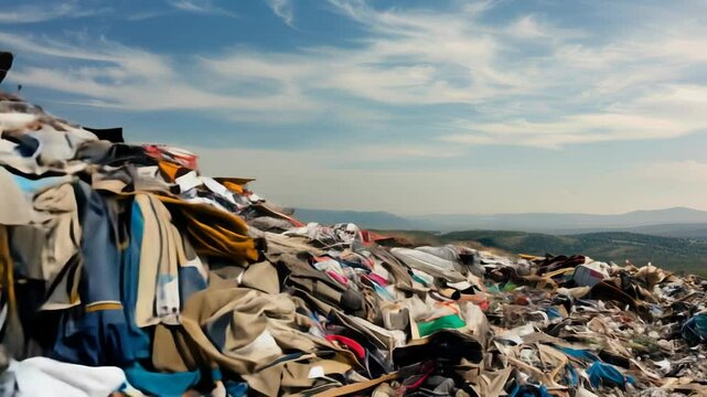 Large pile of discarded clothes in a landfill under a blue sky