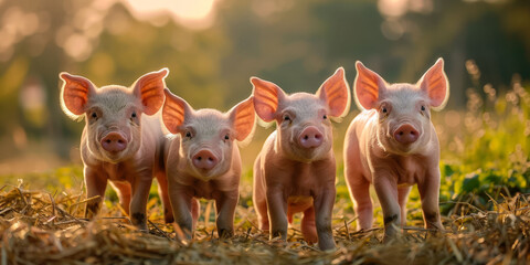 Adorable trio of piglets lying in straw, showcasing farm animals and rural life.