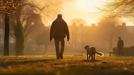 photograph of an elderly patient and a dog walking together in a park, bathed in the warm glow of the setting sun