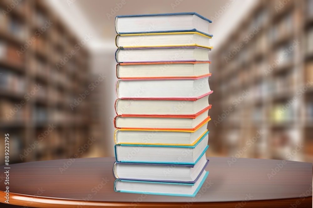Wall mural stack of reading books at library background