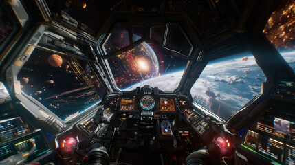 Futuristic Spaceship Cockpit with Stunning Space View 
