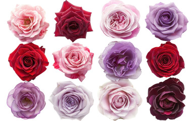 Twelve Delicate Roses in Varying Shades of Red, Pink, and Purple