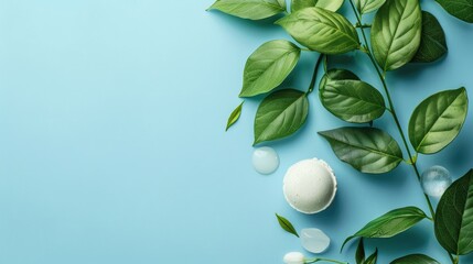 Spa concept with green leaf and bath bomb on blue background