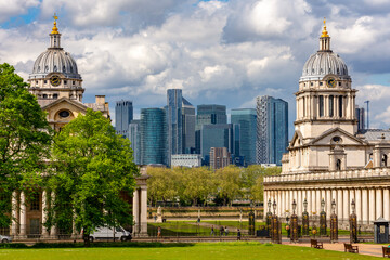 University of Greenwich with Canary Wharf skyscrapers at background, London, UK