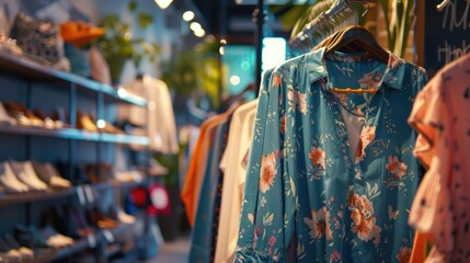 Naklejka premium A rack of clothes displayed in a modern clothing store, suitable for use in images about fashion, commerce, or retail