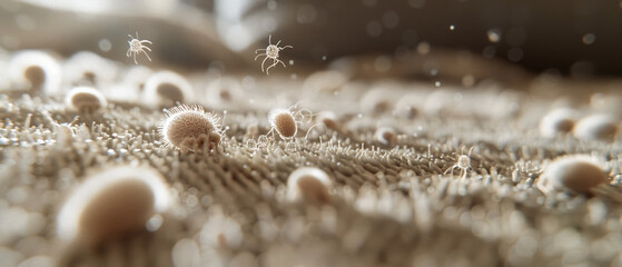 Microscopic View of Dust Mites and Their Eggs on a Fabric Surface