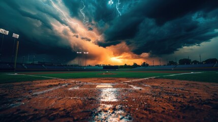 A baseball field under brooding storm clouds, with lightning striking the ground and casting an eerie glow over home plate, creating a dramatic and intense sports scene