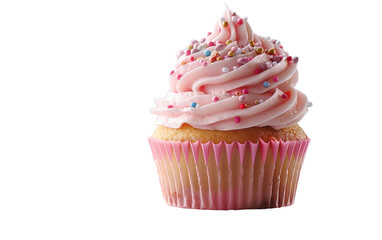 Pink Frosted Cupcake With Sprinkles on White Background