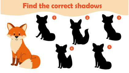 Find the correct shadow. Autumn fox. Logic game for children. Vector illustration in flat style for childrens books and magazines