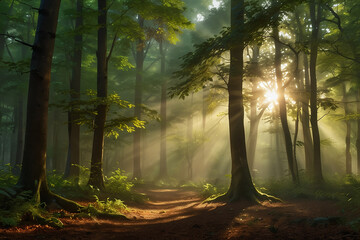 Golden sunlight streams through the dense canopy of a lush forest, illuminating the vibrant green leaves and casting long shadows on the forest floor. The scene evokes a sense of peace and tranquility