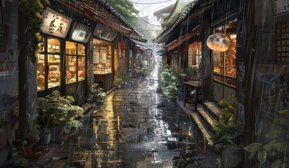 Fototapeta premium A small street in the middle of rural Japan, brimming with businesses, raining weather, nighttime, anime artwork