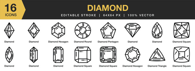 Set of 16 Diamond icon set. Editable Stroke Icon Collection. Includes agate diamond, diamond ring, diamond pure, earring diamond, and More. Outline icons vector collection.