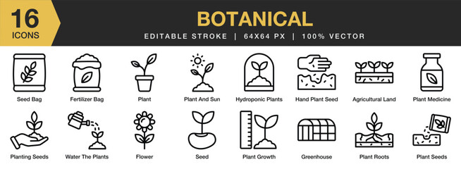 Set of 16 Botanical icon set. Editable Stroke Icon Collection. Includes flower, plant roots, plant seeds, fertillizer bag, plant growth, and More. Outline icons vector collection.