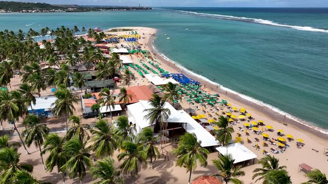 Gunga Beach At Maceio Alagoas Brazil. Turquoise Ocean Waves Gently Crashing On Tropical Beach. Shore Sky Beach Sea. Shorepanorama. Maceio Alagoas.